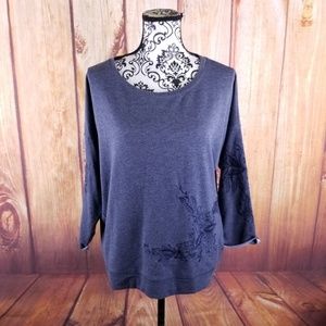 Cato Blue 3/4 Sleeve Embroidered Butterfly Top